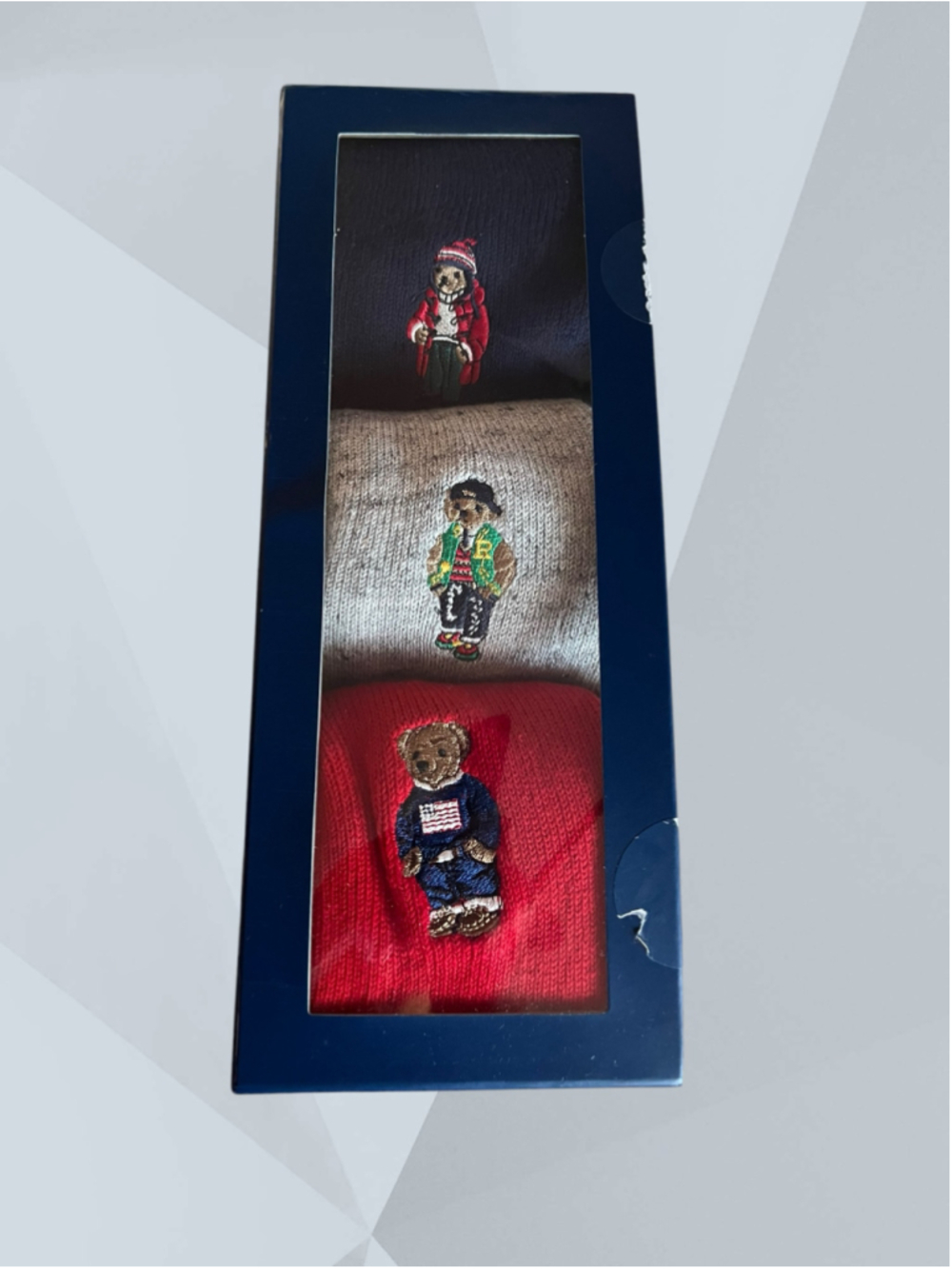 Men's Polo Ralph Lauren Bear Socks 3-Pack Blue Gray Red sz 6-12.5